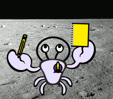 Crabby agita un cuaderno y un lápiz